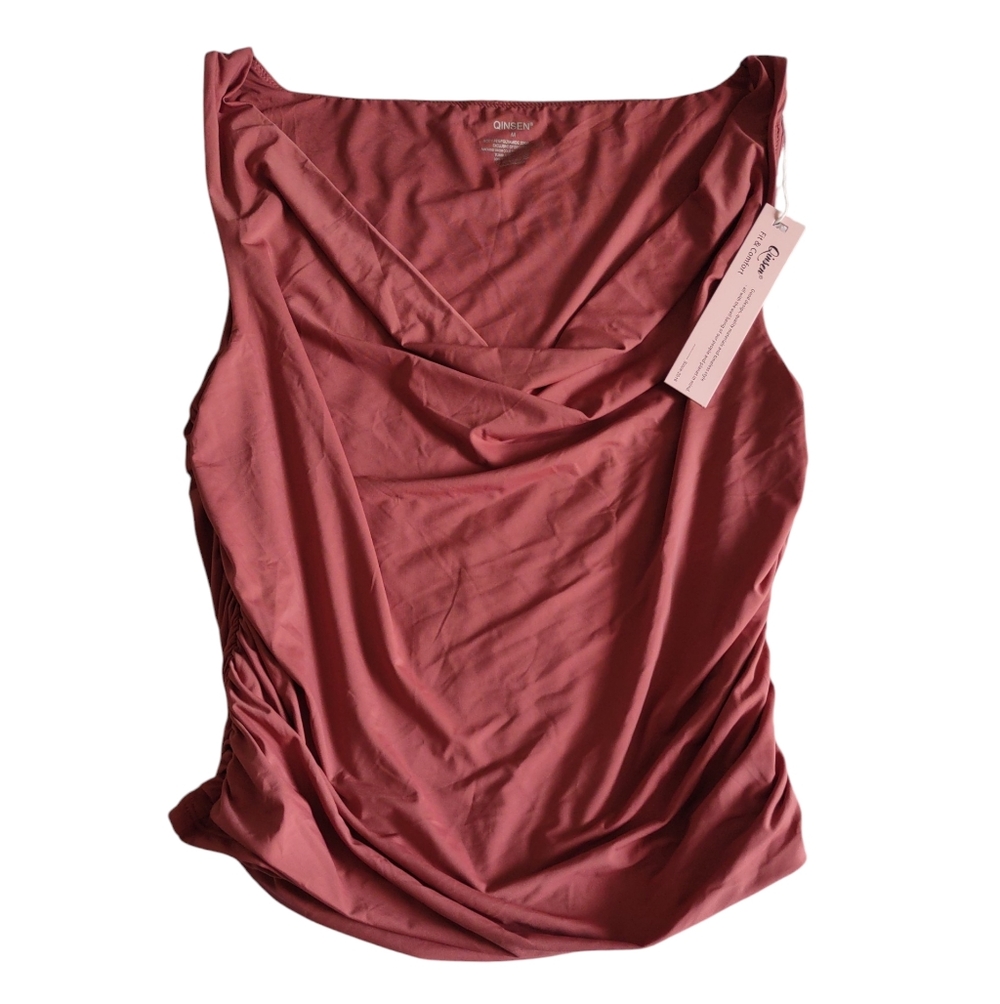 Qinsen Dusty Rose Ruched Drape Sleeveless Top Womens Medium